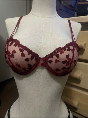 Unbranded Burgundy Embroidered Sheer Balconette Bra Size Small